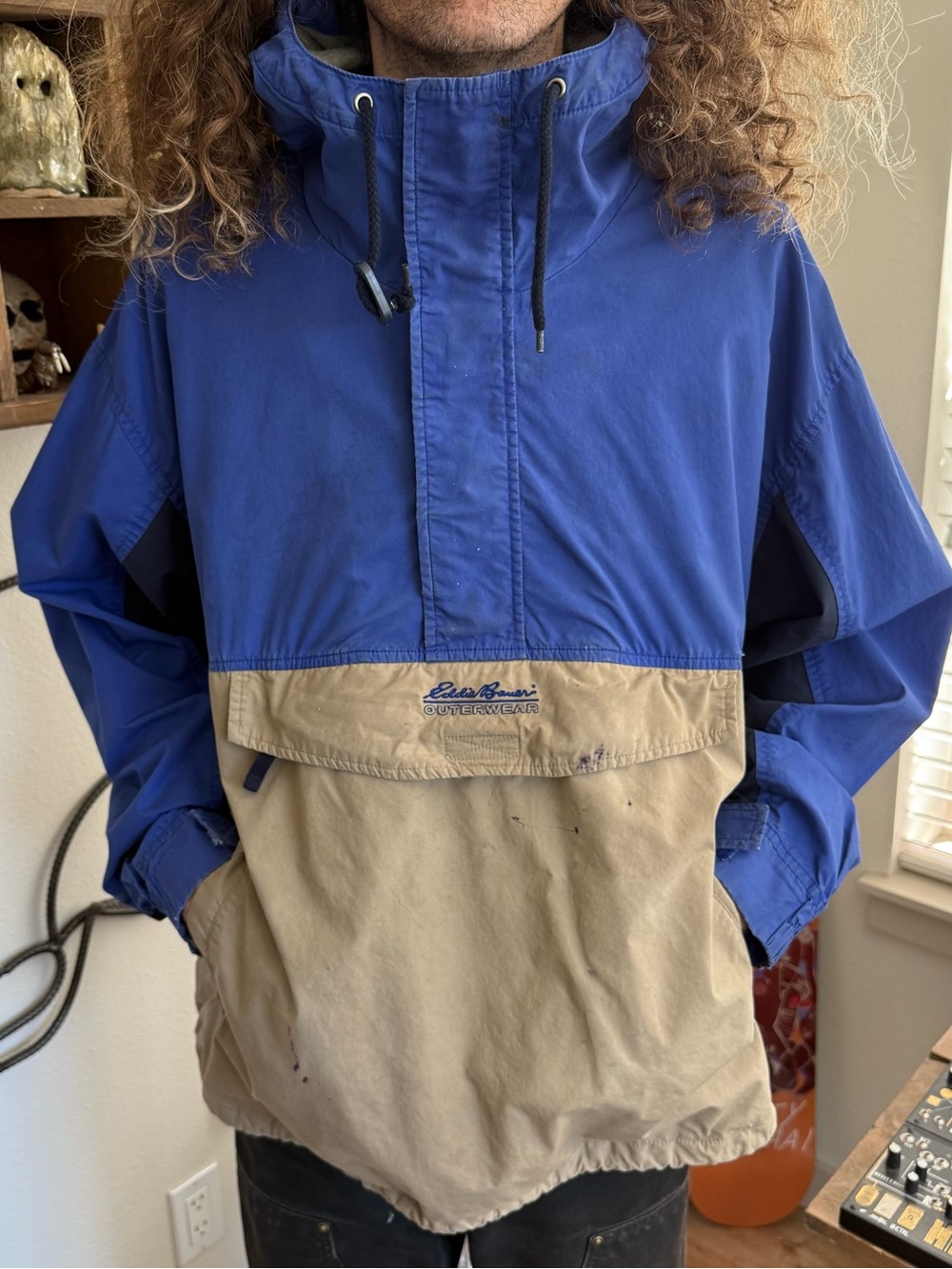 Vintage 90s Eddie Bauer Blue and Tan Colorblock Cotton Anorak Jacket  ~ Size L